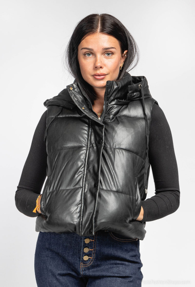 Wholesaler My Queen - Faux leather sleeveless hooded down jacket
