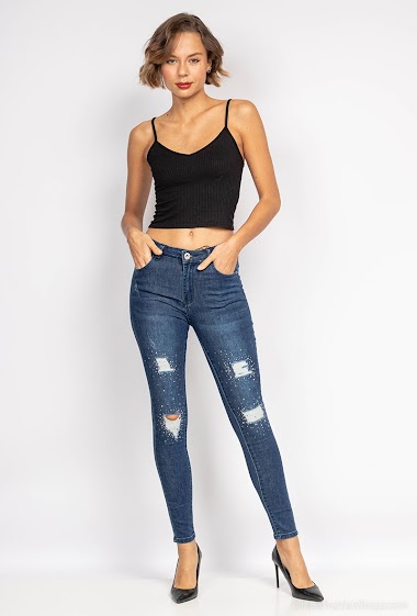 Großhändler MyBestiny - Slim-Jeans mit Strasssteinen und Rissen
