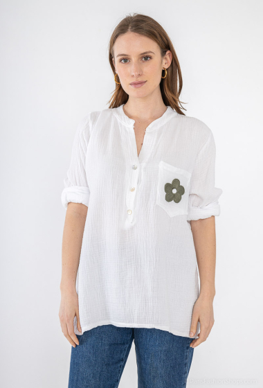Wholesaler Mylee - Cotton gauze blouse with flower embroidered pocket