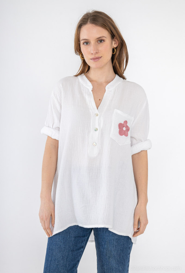 Wholesaler Mylee - Cotton gauze blouse with flower embroidered pocket