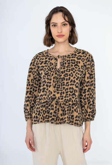 Wholesaler Mylee - Ruffled leopard print cotton gauze blouse with bows