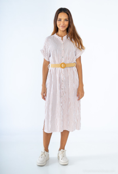 Großhändler Mylee - Langes gestreiftes Kleid aus bedruckter Baumwollgaze mit Gürtel