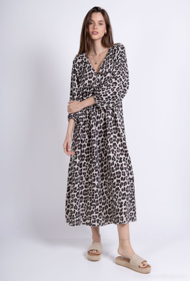 Grossiste Mylee - Robe longue à volants en gaze de coton imprimé à léopard