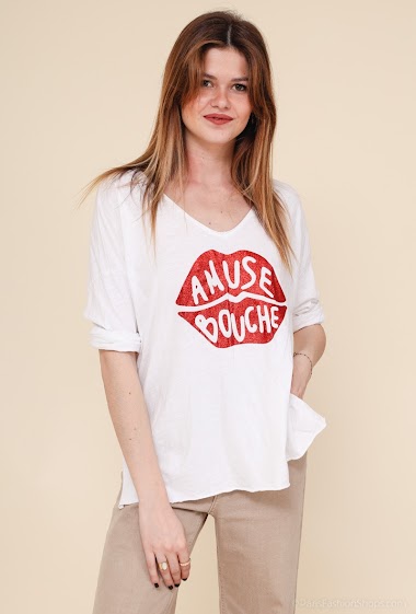 Grossiste Mylee - T-shirt "Amuse Bouche" pailleté fond blanc