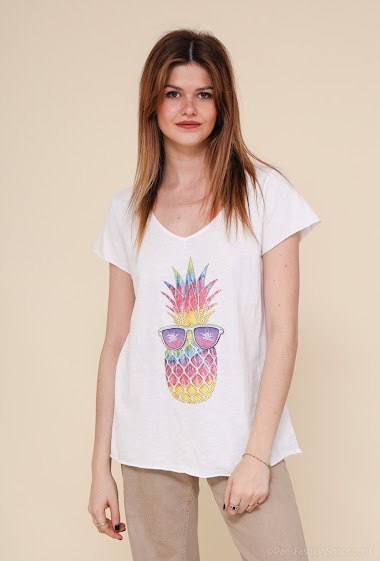 Grossiste Mylee - T-shirt imprimé strass ananas a lunette