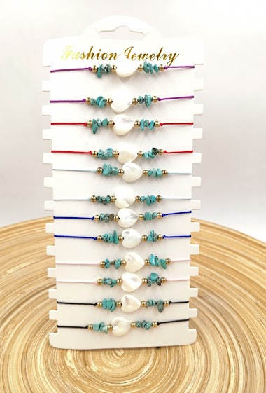 Grossiste MYLENE ET FELIX - Bracelet coquillage avec pierre turquoise Bracelet corde par paquet de 12 pièces