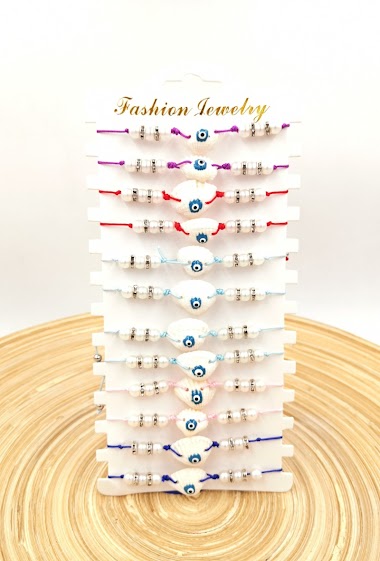 Grossiste MYLENE ET FELIX - Bracelet coquillage oeil bleu avec corde par paquet de 12 pièces