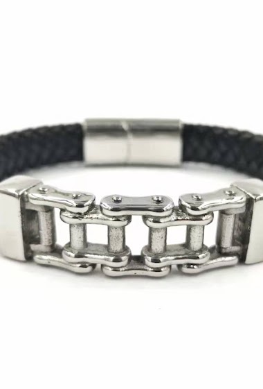 Grossiste MYLENE ET FELIX - Bracelet cuir motif moto acier