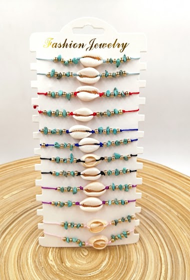 Grossiste MYLENE ET FELIX - Bracelet cœur nacre avec pierre turquoise Bracelet corde par paquet de 12 pièces