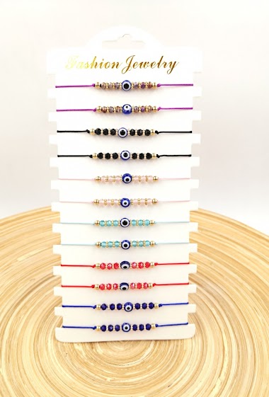 Grossiste MYLENE ET FELIX - Bracelet oeil bleu avec strass Bracelet corde par paquet de 12 pièces