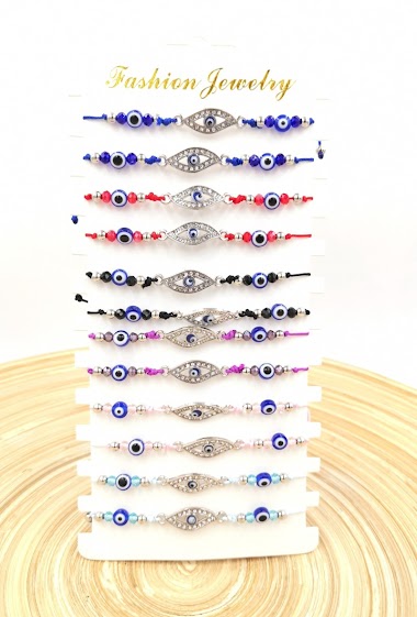 Grossiste MYLENE ET FELIX - Bracelet oeil bleu avec strass Bracelet corde par paquet de 12 pièces