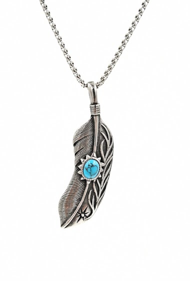 Grossiste MYLENE ET FELIX - Collier pendentif plume avec pierre turquoise collier homme acier