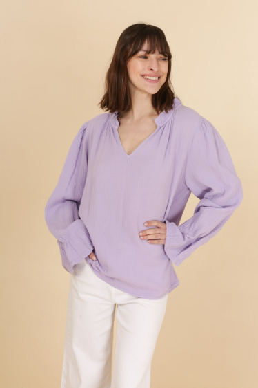 Wholesaler NAÏS - V-neck blouse with ruffled collar and sleeves, in cotton gauze
