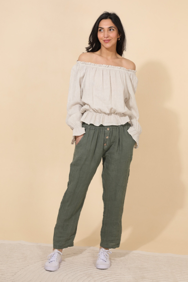 Wholesaler NAÏS - Straight cut 7/8 pants with faux button placket, 100% linen