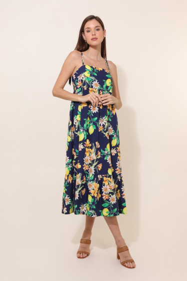 Großhändler NAÏS - Langes bedrucktes Kleid mit elastischem Rücken, 100 % Baumwolle