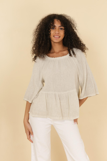 Wholesaler NAÏS - LONG-SLEEVED TOP WITH ELASTIC SHOULDERS, IN COTTON AND LINEN