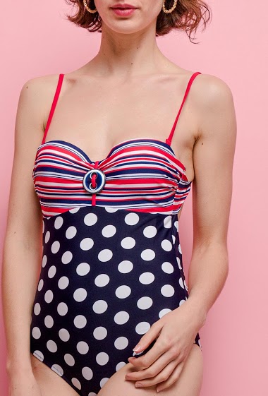 1 piece swimsuit, with mix of polka dots and stripes