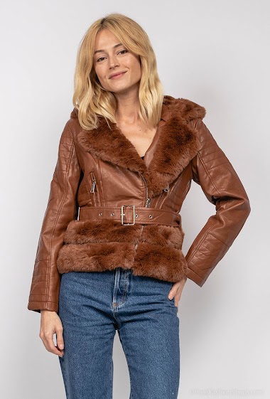 Großhändler New Lolo - Faux leather biker jacket with faux fur