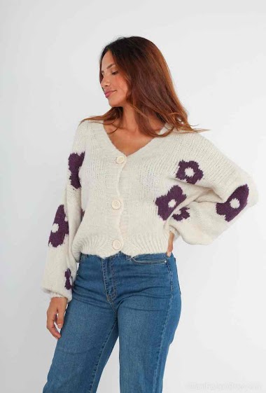 Grossiste New Sensation - Pull gilet tricot en grosse avec fleur