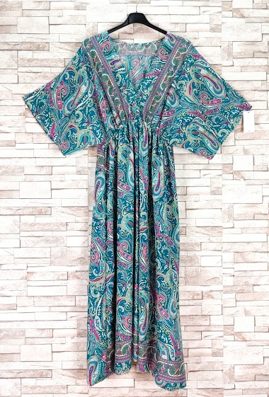 Großhändler New Sunshine - Langes bedrucktes Kleid mit V-Ausschnitt