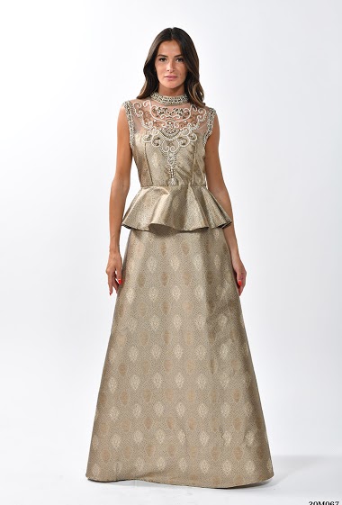Wholesaler NJ Couture - Long dress jacquard with pearls and beads