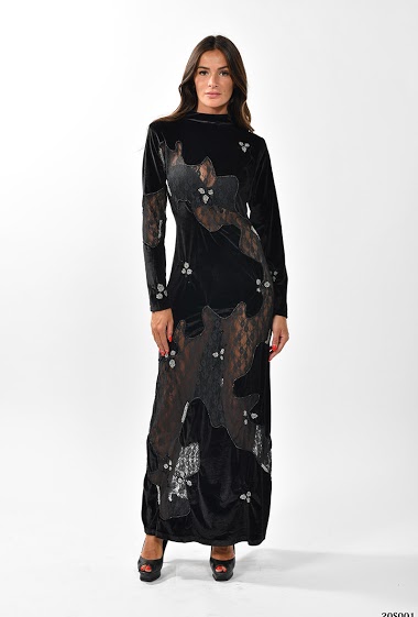 Wholesaler NJ Couture - Long velvet dress with lace + Pearls ad sequins.