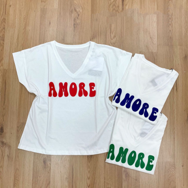 Großhändler NOS - Weißes T-Shirt mit V-Ausschnitt „AMORE“.