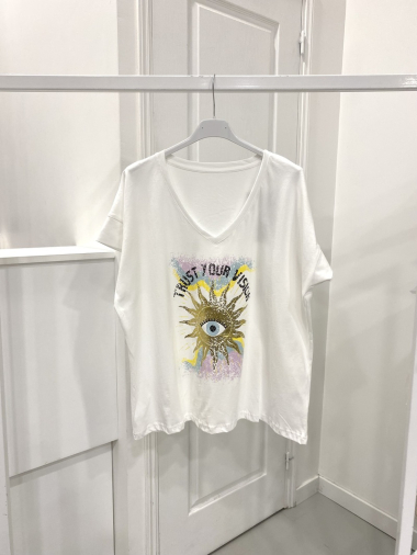Grossiste NOS - T - shirt blanc col v avec motif