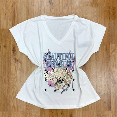 Großhändler NOS - Weißes T-Shirt mit V-Ausschnitt und Leopardenmuster