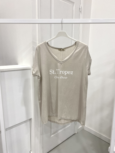 Großhändler NOS - Gewaschenes T-Shirt mit V-Ausschnitt und „ST TROPEZ“-Muster