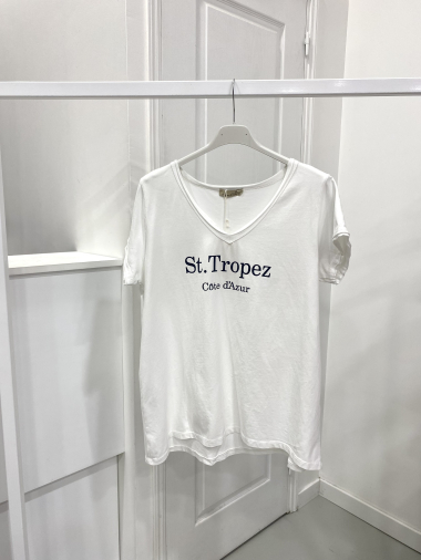 Mayorista NOS - Camiseta lavada con cuello de pico y estampado “ST TROPEZ”