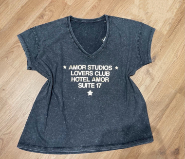 Großhändler NOS - Bedrucktes T-Shirt aus Baumwolle mit V-Ausschnitt