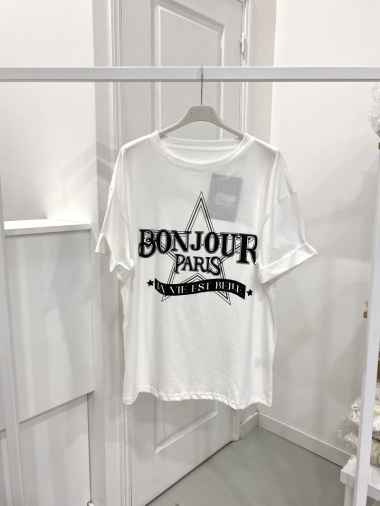 Grossiste NOS - T - shirt délavé avec motif "BONJOUR PARIS"