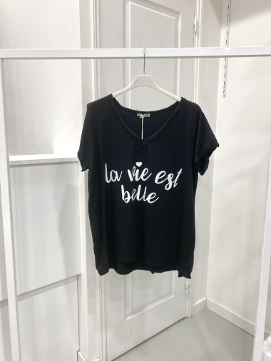 Grossiste NOS - T - shirt délavé en coton avec motif "la vie est belle"