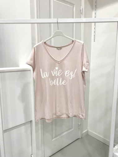 Grossiste NOS - T - shirt délavé en coton avec motif "la vie est belle"