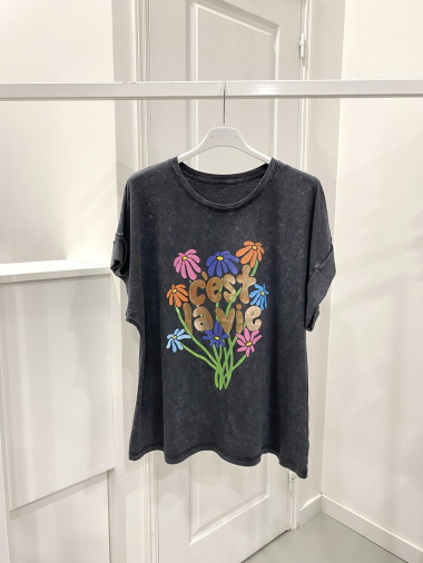 Grossiste NOS - T - shirt délavé "fleur c'est la vie"