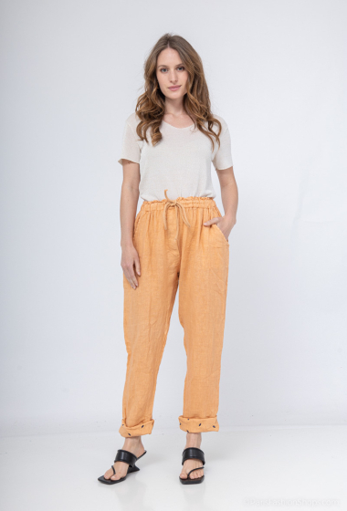 Wholesaler NOTA BENE - Pants with embroidered pattern at the bottom, 100% Linen