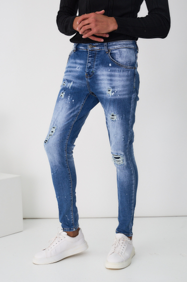 Wholesaler Omnimen - Men's Skinny Denim Blue Jeans DESTROY