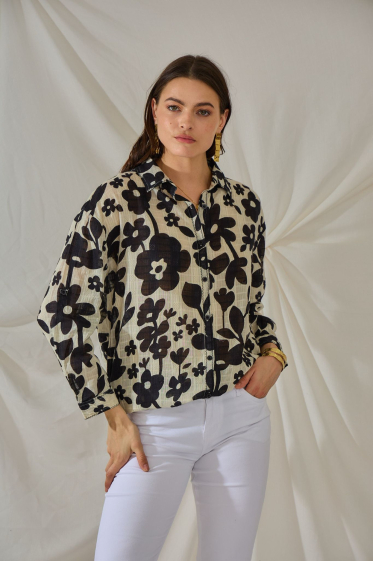 Wholesaler Orice - Long black floral patterned cotton shirt