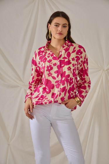 Großhändler Orice - Langes Baumwollhemd mit rosa Blumenmustern