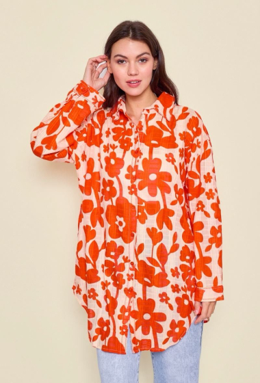 Grossiste Orice - Chemise longue en coton à motifs floraux orange