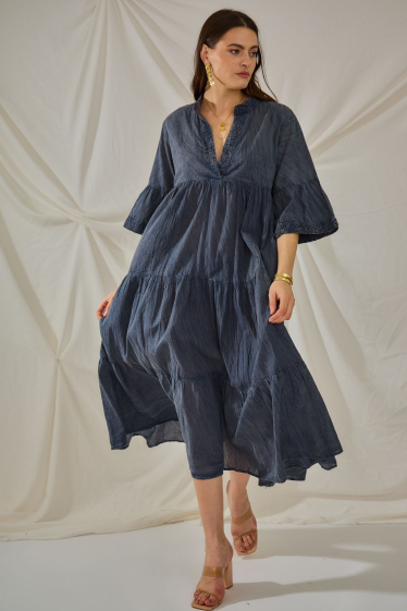 Grossiste Orice - Maxi robe bleu délavé en coton uni