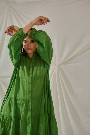 Grossiste Orice - Maxi robe bohème en coton uni vert