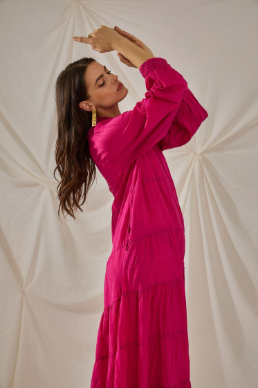 Grossiste Orice - Maxi robe bohème fuchsia en coton uni