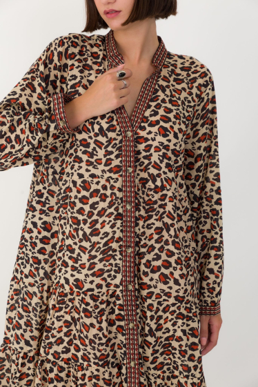 Mayorista Orice - Vestido largo de algodón con estampado de leopardo y manga larga