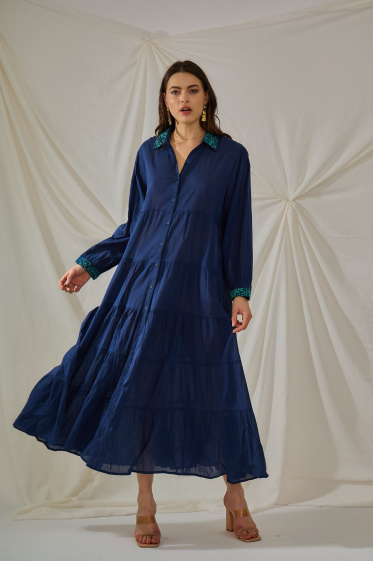 Wholesaler Orice - Plain blue cotton maxi dress