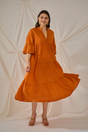 Grossiste Orice - Maxi robe orange  en coton uni