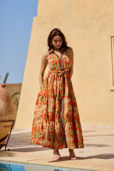 Wholesaler Orice - Sleeveless maxi dress in plain cotton with tropical print