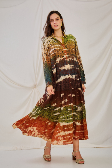 Großhändler Orice - Langärmliges Hemdblusenkleid mit Batikmuster