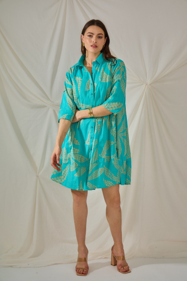 Großhändler Orice - Türkisfarbenes Hemdblusenkleid aus Baumwolle